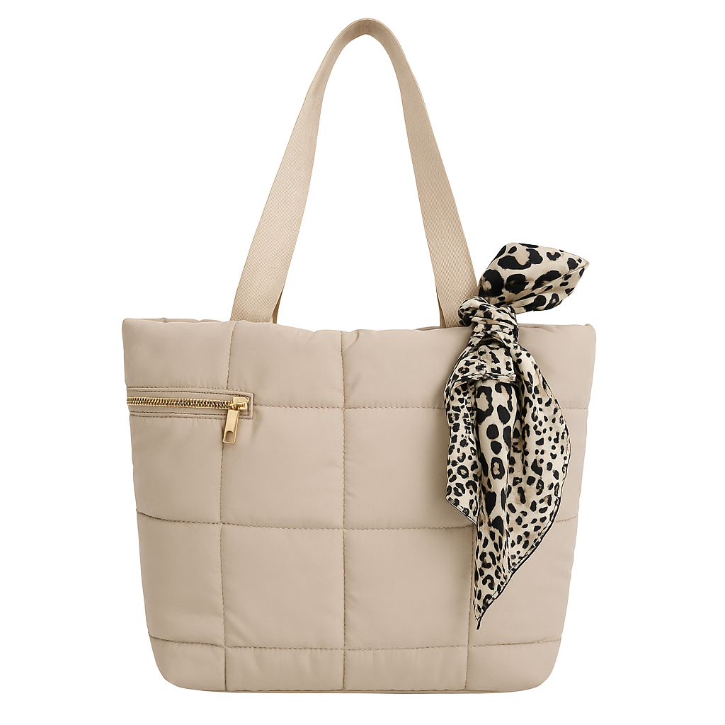 Cartera Tote Acolchada Beige con Pañuelo