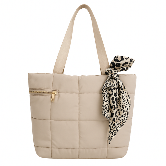 Cartera Tote Acolchada Beige con Pañuelo